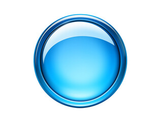 A shiny blue button with a chrome border on a with light reflecting off the surface on transparent background