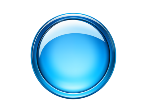 A shiny blue button with a chrome border on a with light reflecting off the surface on transparent background