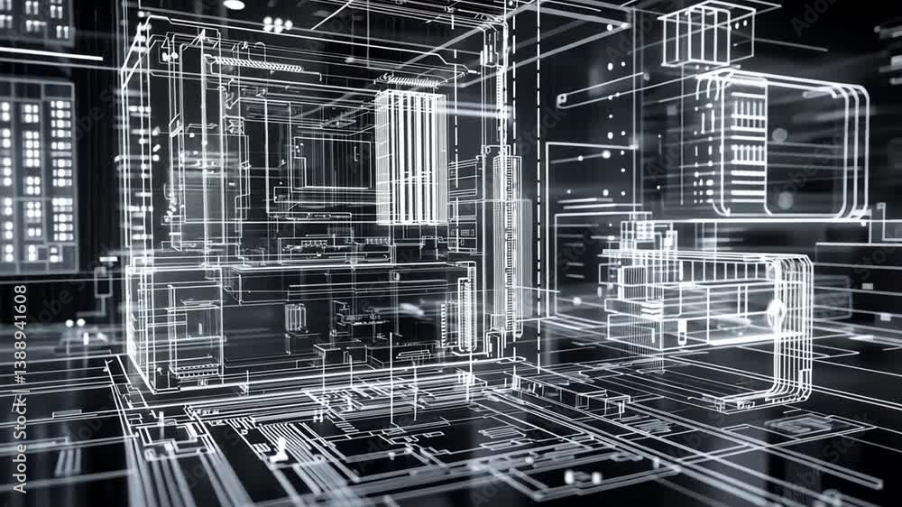 Poster futuristic technological blueprint animation with motherboard and circuit lines