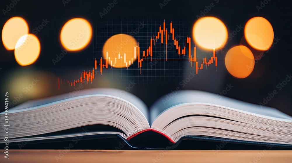 Poster open book displaying stock market trends with technology concept. an open book with a digital chart 