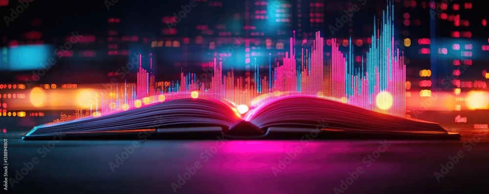 Poster open book with vertical digital lights chart in technology concept. an open book with vibrant digita