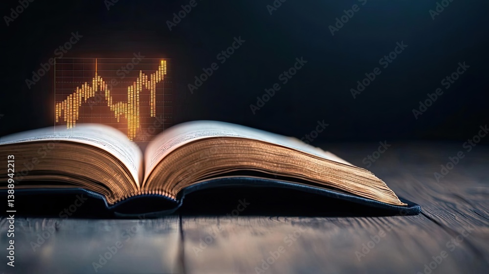 Poster open book unveiling stock market movements through technology concept. open book displaying financia