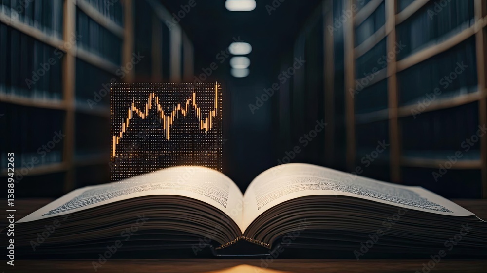 Poster open book unveiling stock market movements through technology concept. open book with a financial gr