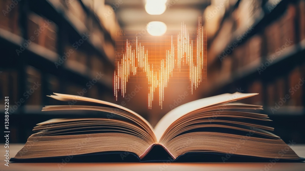 Poster open book unveiling stock market movements through technology concept. an open book with sound waves