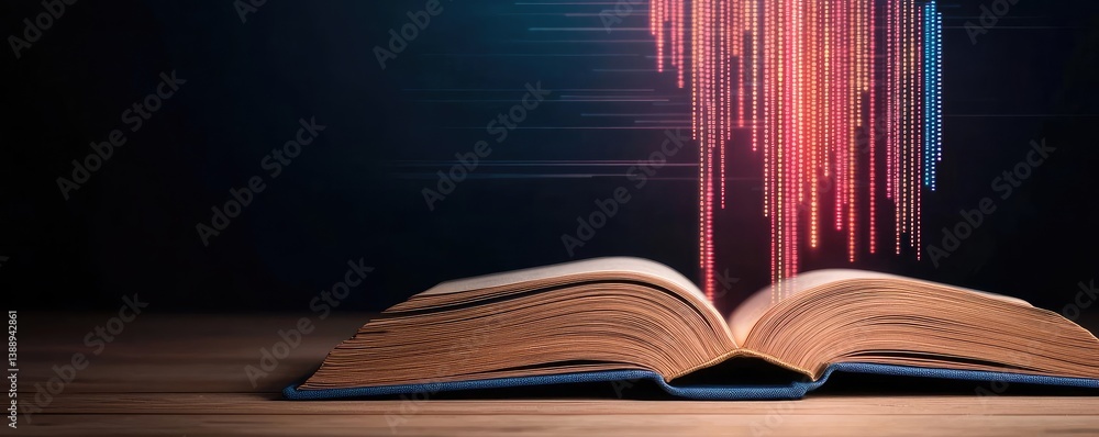 Poster open book unveiling stock market movements through technology concept. an open book with digital ele