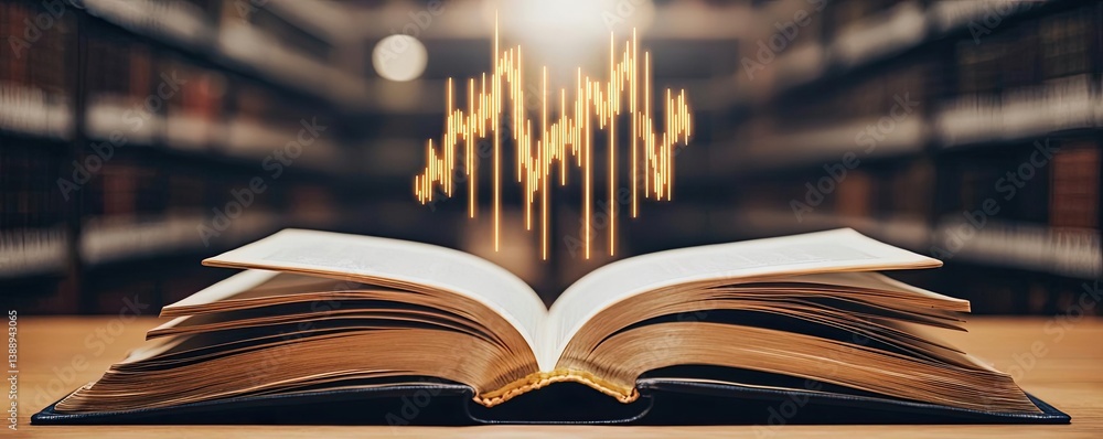 Poster open book unveiling stock market movements through technology concept. an open book with sound waves