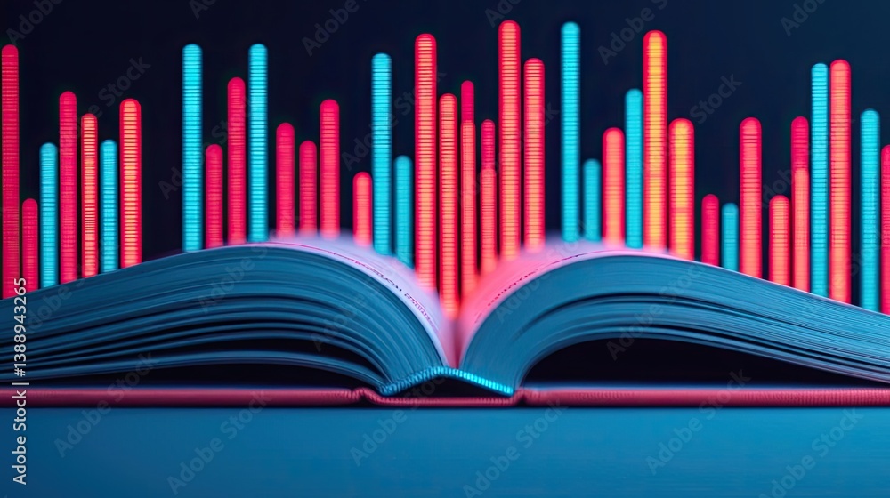 Aufkleber open book with vertical digital lights chart in technology concept. an open book with vibrant soundw