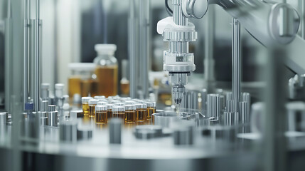 A robotic arm in a modern pharmaceutical research facility, surrounded by chemical compounds, testing equipment