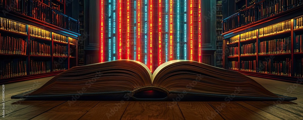 Poster open book unveiling stock market movements through technology concept. an open book revealing vibran