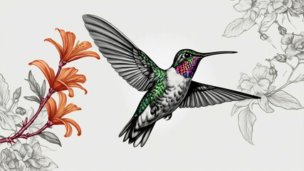 Vibrant Hummingbird in Detailed Flight with Botanical Elements Illustration