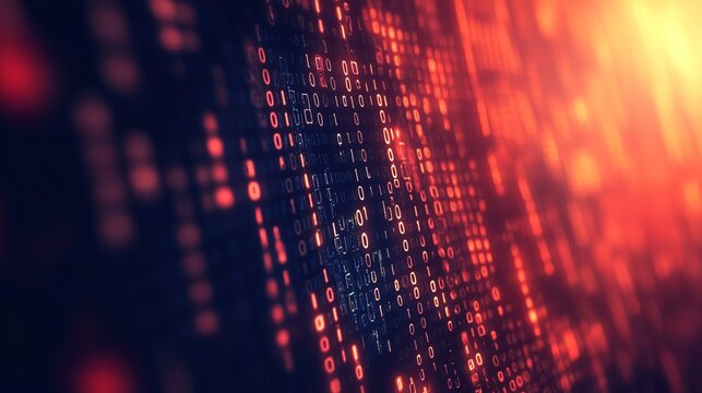 Abstract binary code stream with glowing red and white digits on a dark background angled view