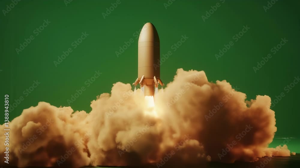 Poster smoke billowing around sleek spaceship prototype lifting off from green screen studio floor, simulat