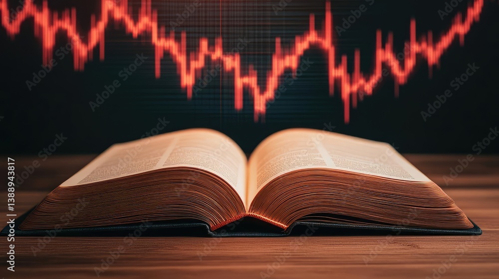 Poster open book unveiling stock market movements through technology concept. open book with a red graph il