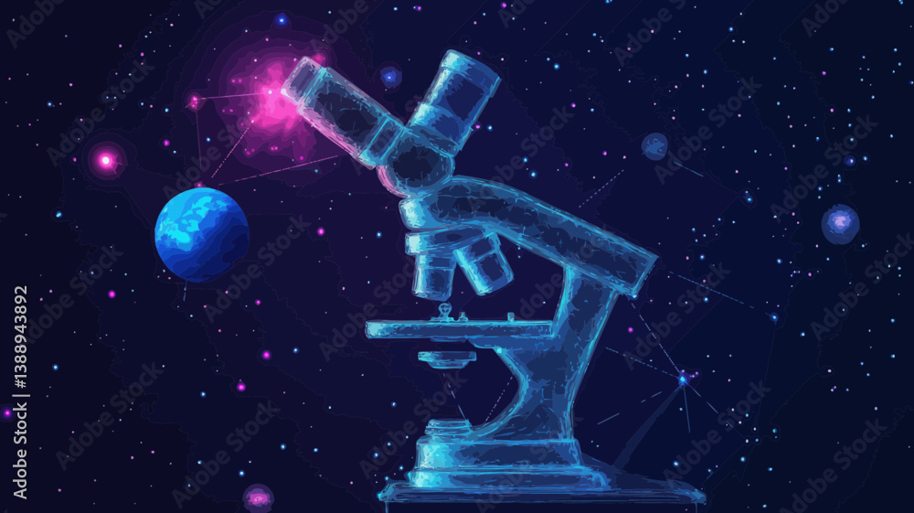 Poster stellar microscope: abstract wireframe in starry sky with universe elements for science and educatio