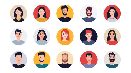 Fototapeta premium Diverse Set of Modern Flat Vector Avatars for Websites and Social Media Profiles, Characters Collection with Different Hairstyles, Genders, and Face Expressions