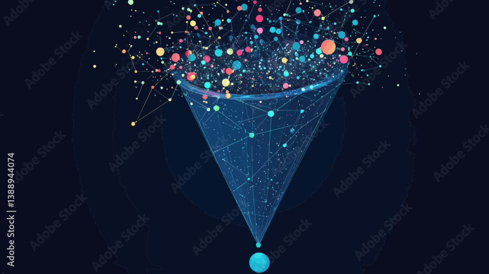 Poster space-themed big data funnel concept with stars and planets in minimalist vector design