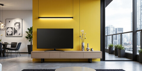 Urban Contemporary A modern city apartment with a wall-mounted TV as the focal point above a streamlined TV console, bold