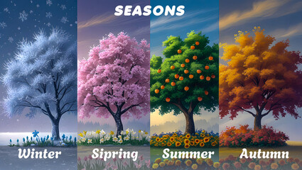 Four Seasons Tree Illustration &ndash; Winter, Spring, Summer, Autumn Landscape with Nature Transitions