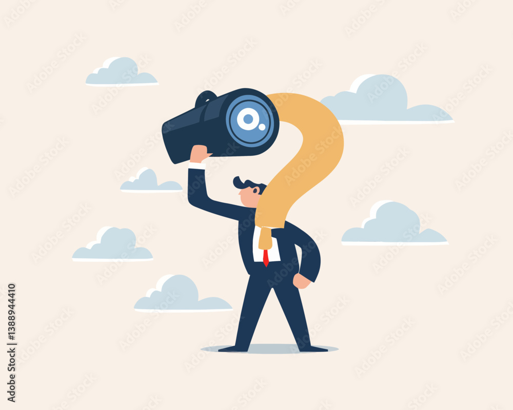 Poster curiosity driven businessman with question mark using binoculars for exploring new opportunities and