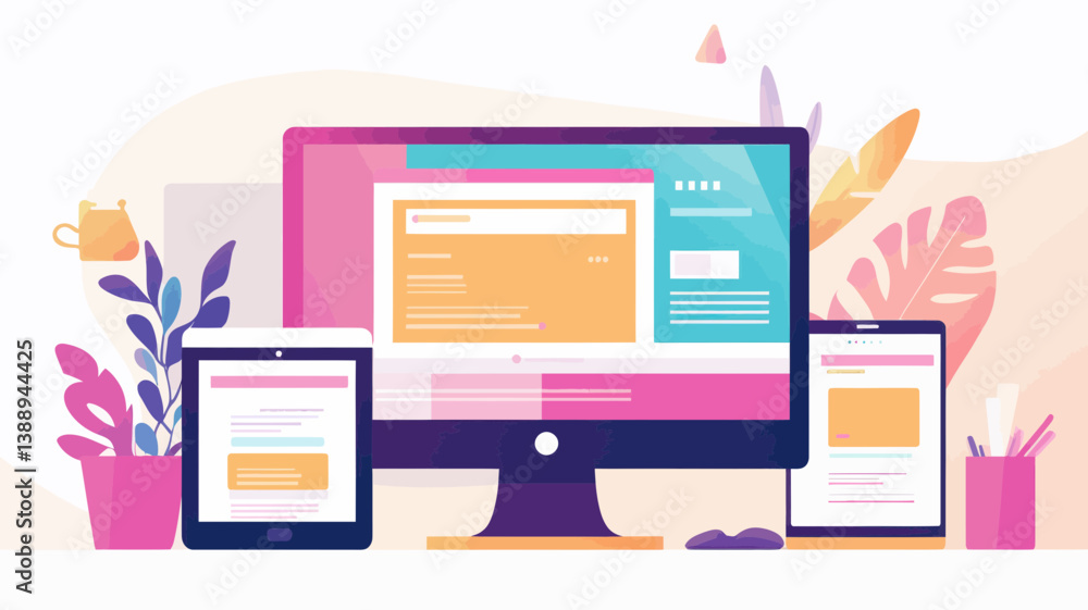 Poster flat design vector illustration of responsive mobile and desktop website interface for modern web de