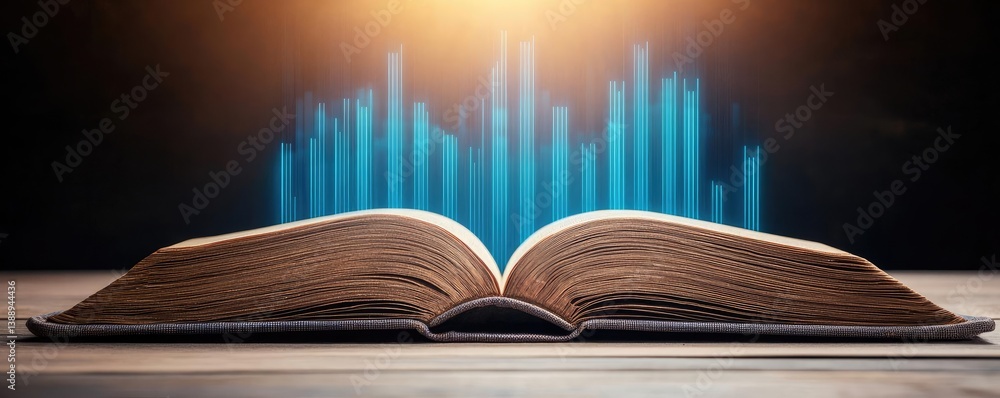 Poster open book displaying stock market trends with technology concept. an open book with digital sound wa