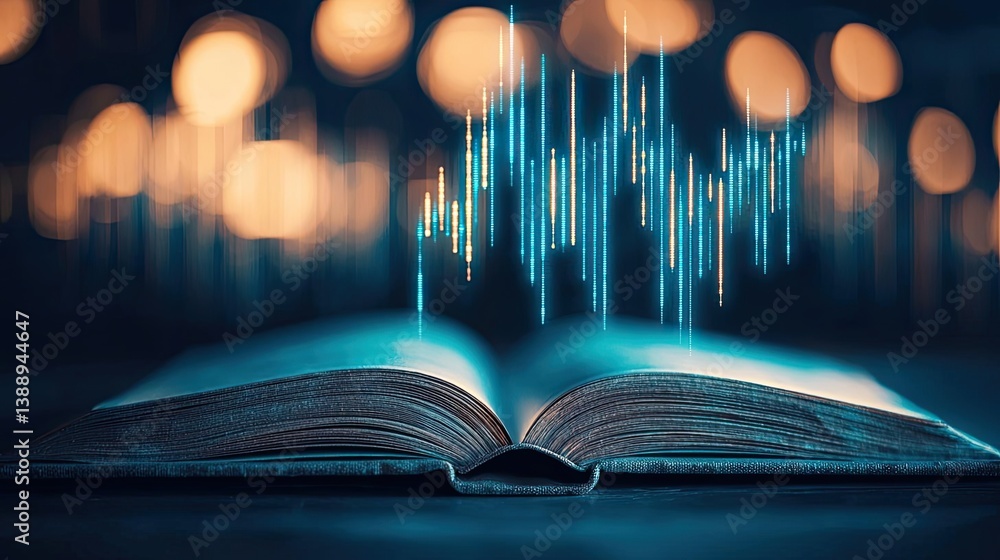 Poster open book with vertical digital lights chart in technology concept. an open book with digital sound 
