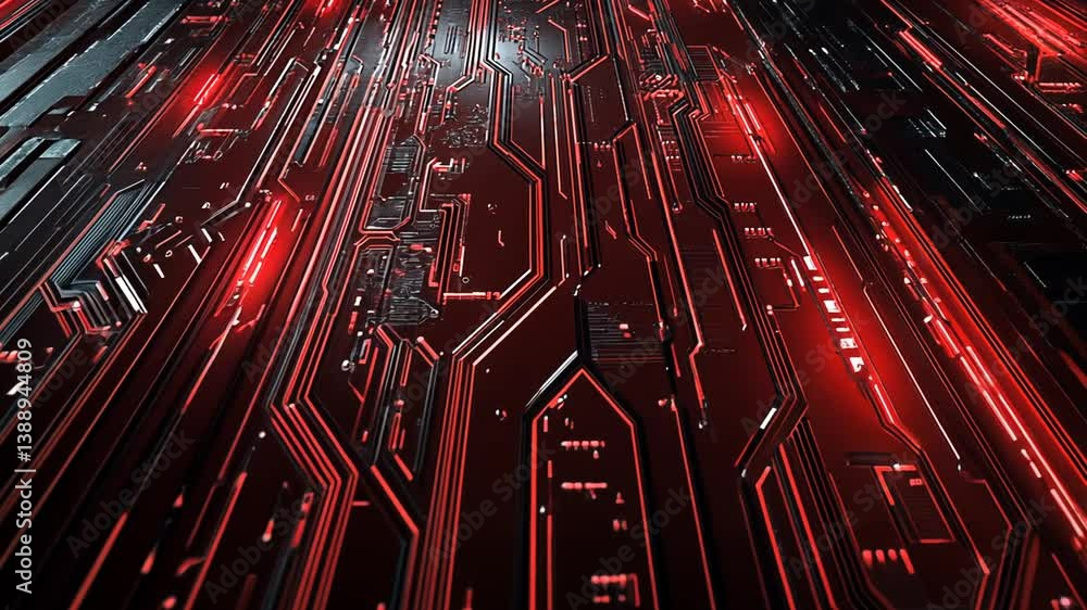 Poster abstract circuit board animation with red light emission for futuristic technology