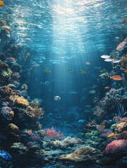 Fototapeta premium Underwater Coral Reef Ecosystem with Tropical Fish and Sun Rays
