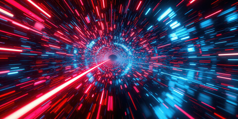 Virtual Reality Code Matrix - An intense and immersive first-person perspective of a digital tunnel, where glowing red and blue