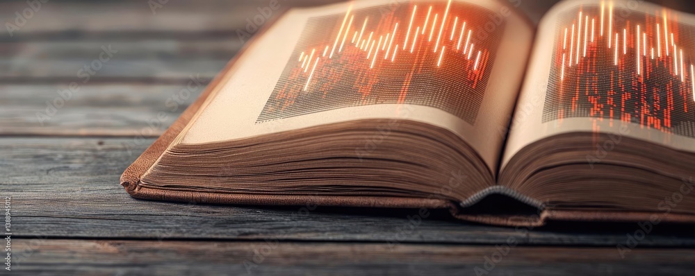 Poster open book displaying stock market trends with technology concept. an open book displaying vibrant gr