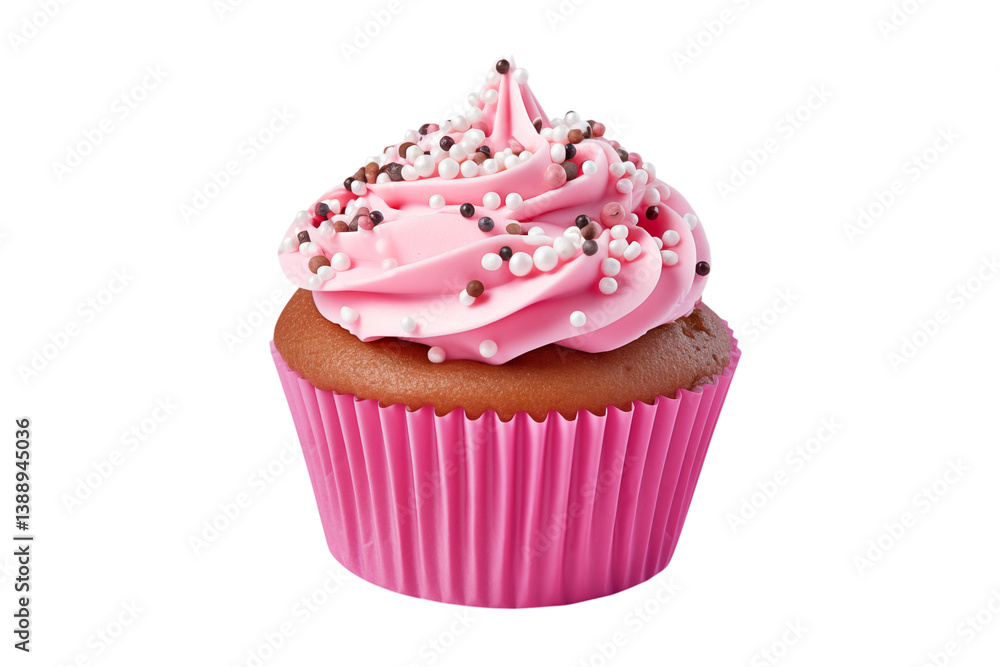 Poster a pink cupcake with sprinkles on top sitting in a pink wrapper on a image view on transparent backgr