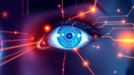Digital Human Eye Glowing with Data and Lights
