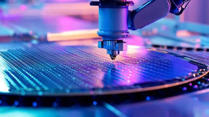 A robotic arm in a modern semiconductor fabrication plant, surrounded by wafers, photolithography equipment