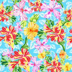 Exotic hibiscus flowers seamless print on blue background