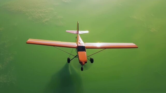 Orange bush plane flying against green screen background, enabling seamless visual effects compositing with precise chroma keying for professional post production workflows