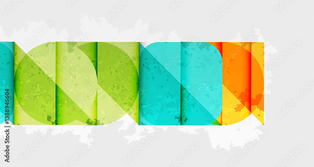 Poster colorful rectangles form text. textured paper effect, bright shades, overlapping layers. abstract de