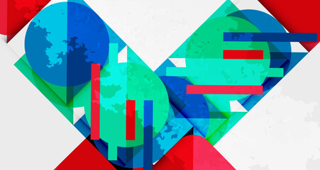 Abstract geometric composition. Overlapping shapes, vibrant colors, blue, red, green. Modern design, dynamic arrangement, textured background.