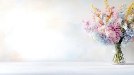 Pastel-colored flower bouquet in a clear vase. Soft, spring-like hues of pink, yellow, and blue fill a vase, against a backdrop of a soft, light-beige background