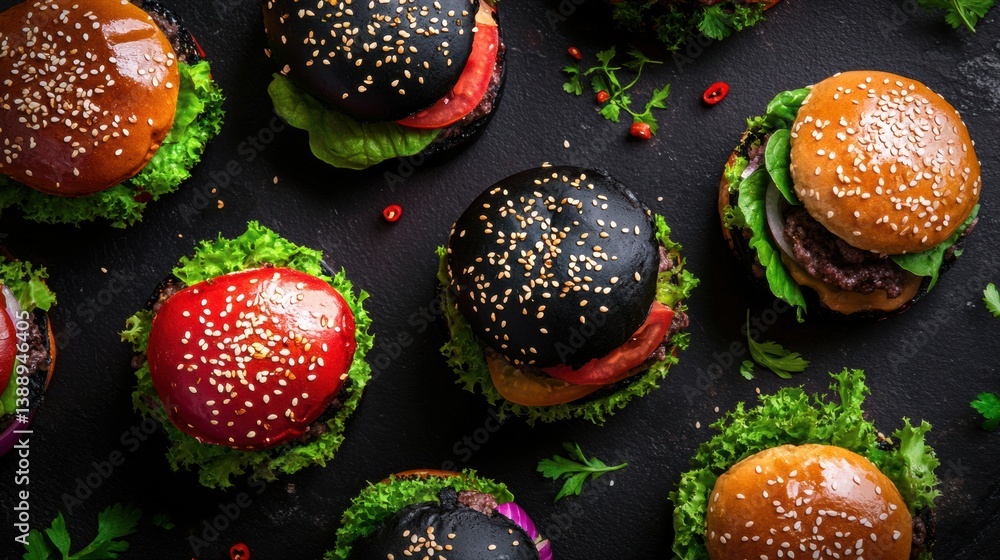 Aufkleber vibrant top-down view of colorful burgers with unique buns and fresh toppings in ambient lighting fo