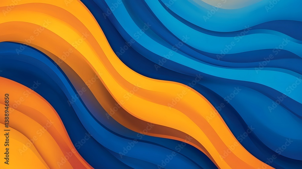 Poster vibrant abstract geometric shapes in blue and yellow gradient tones with smooth curves and dynamic m
