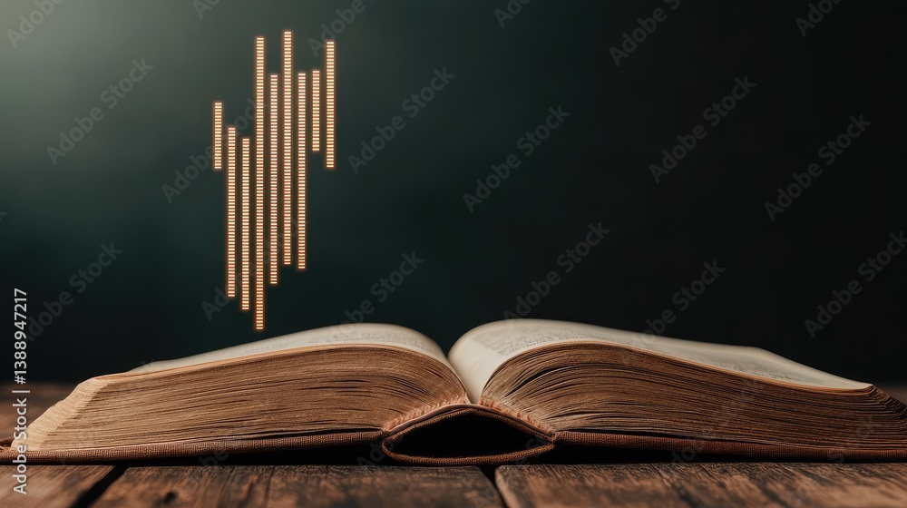Poster open book with vertical digital lights chart in technology concept. an open book on a wooden table w