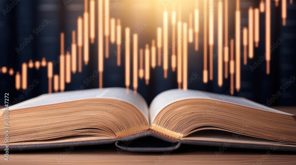 Poster open book displaying stock market trends with technology concept. open book with financial charts re