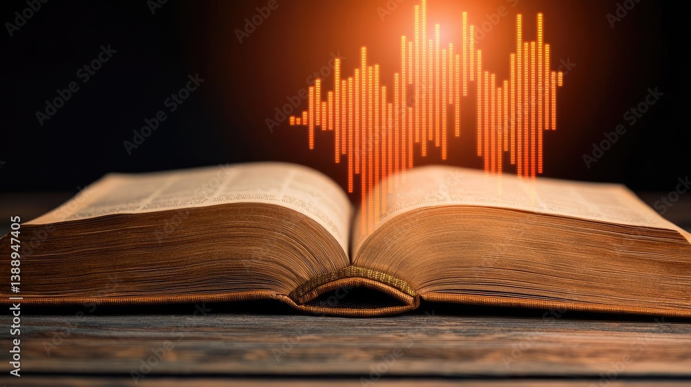 Poster open book displaying stock market trends with technology concept. an open book with sound wave graph