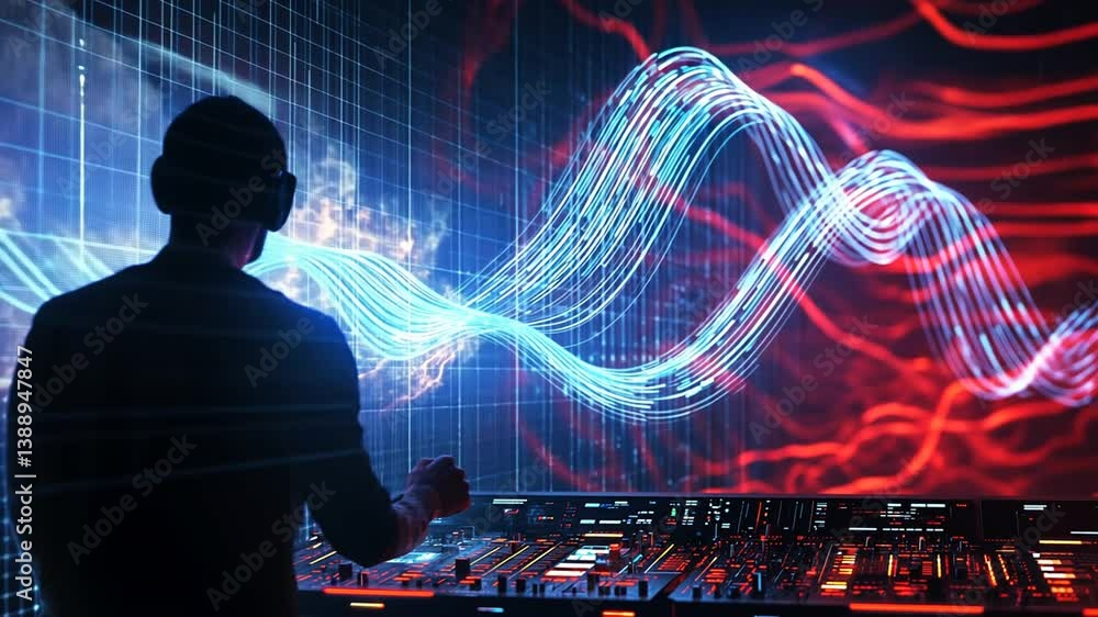 Aufkleber dj creating music in a futuristic studio with animated sound waves on a screen