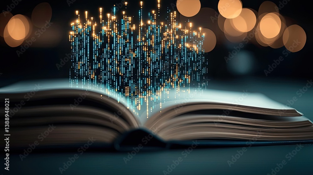 Poster open book unveiling stock market movements through technology concept. an open book with glowing dig