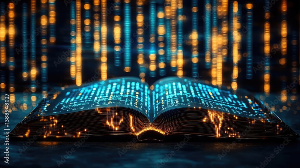 Poster open book displaying stock market trends with technology concept. an open book illuminated with vibr
