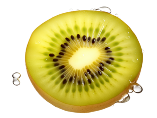 Close up of a golden kiwi slice with black seeds and water droplets on a studio shot on transparent background