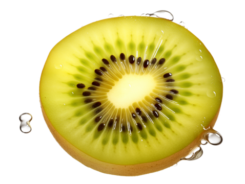 Close up of a golden kiwi slice with black seeds and water droplets on a studio shot on transparent background