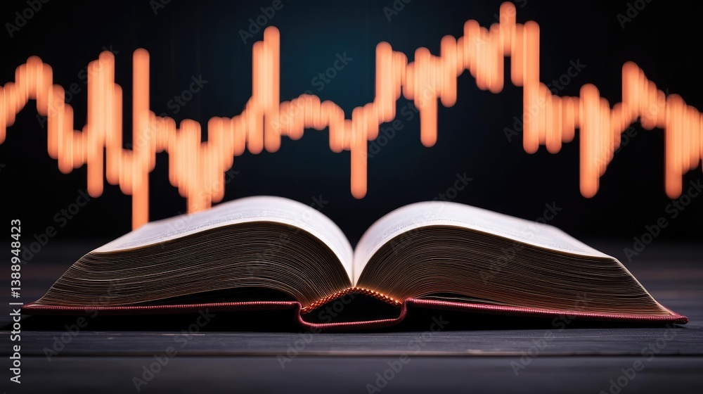 Poster open book with vertical digital lights chart in technology concept. an open book against a vibrant s