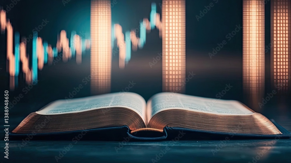 Aufkleber open book with vertical digital lights chart in technology concept. open book on a dark table with a